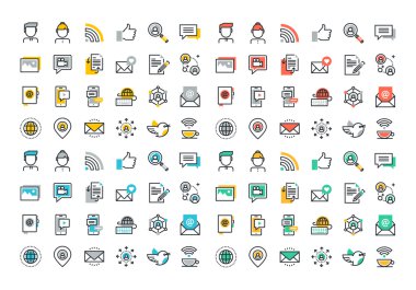 Düz çizgi renkli simgeler toplama sosyal ağ