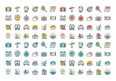 Düz çizgi renkli simgeler koleksiyonu seyahat ve Turizm