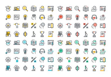 E-learni düz çizgi renkli simgeler koleksiyonu