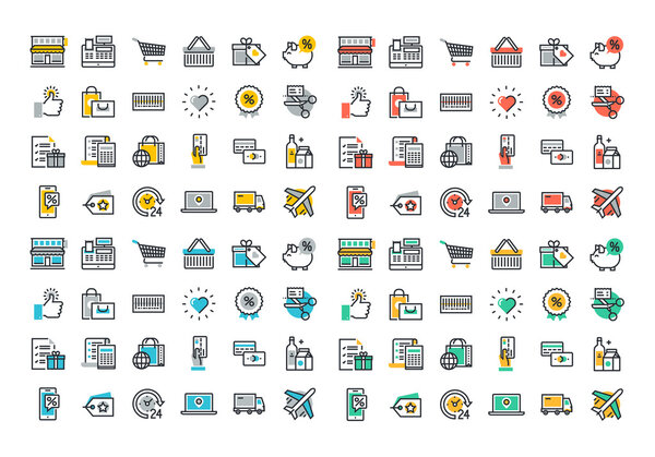 Flat line colorful icons collection of retail shopping activity