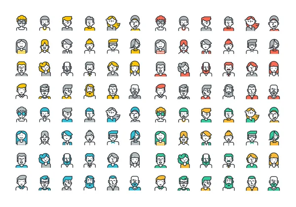 Línea plana coloridos iconos colección de personas avatares — Vector de stock