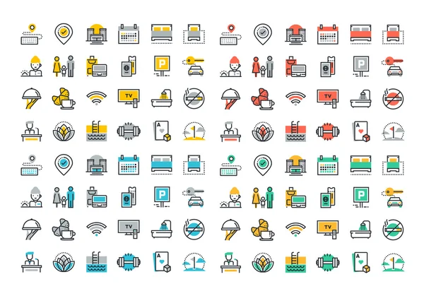 Línea plana colorfull iconos colección de servicios hoteleros — Vector de stock