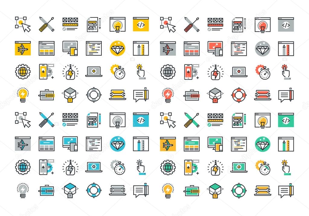 Flat line colorful icons collection of web design and development, responsive design, app development, online security, web programming, mobile website development.