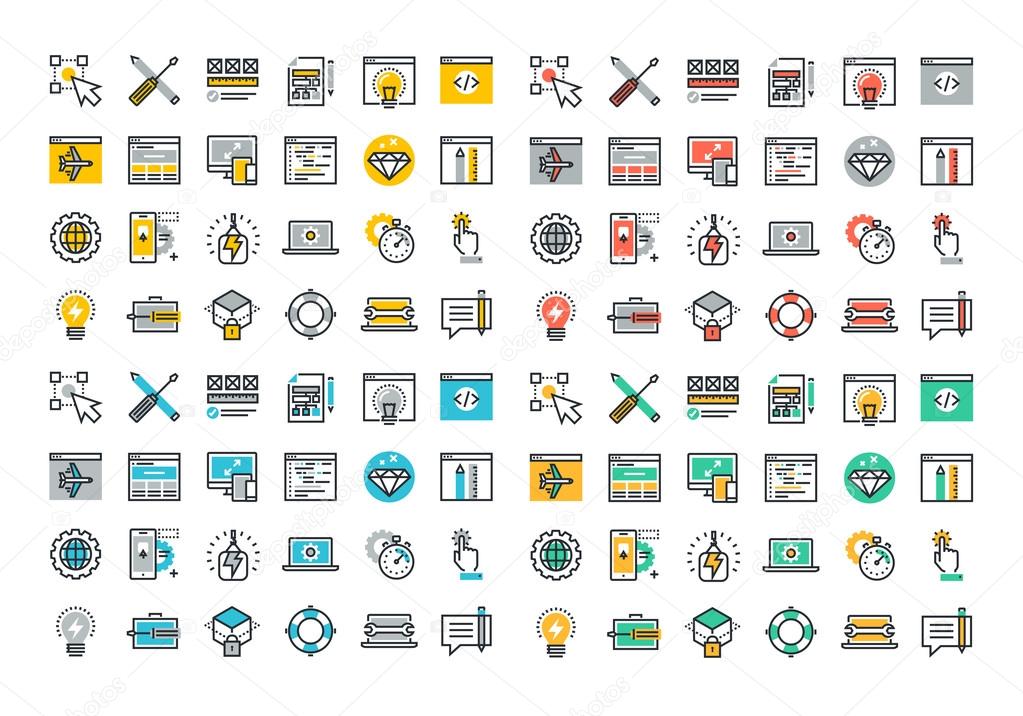 Flat line colorful icons collection of web design and development