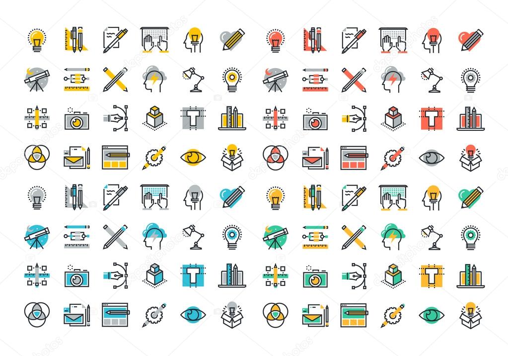 Flat line colorful icons collection of graphic design and web design