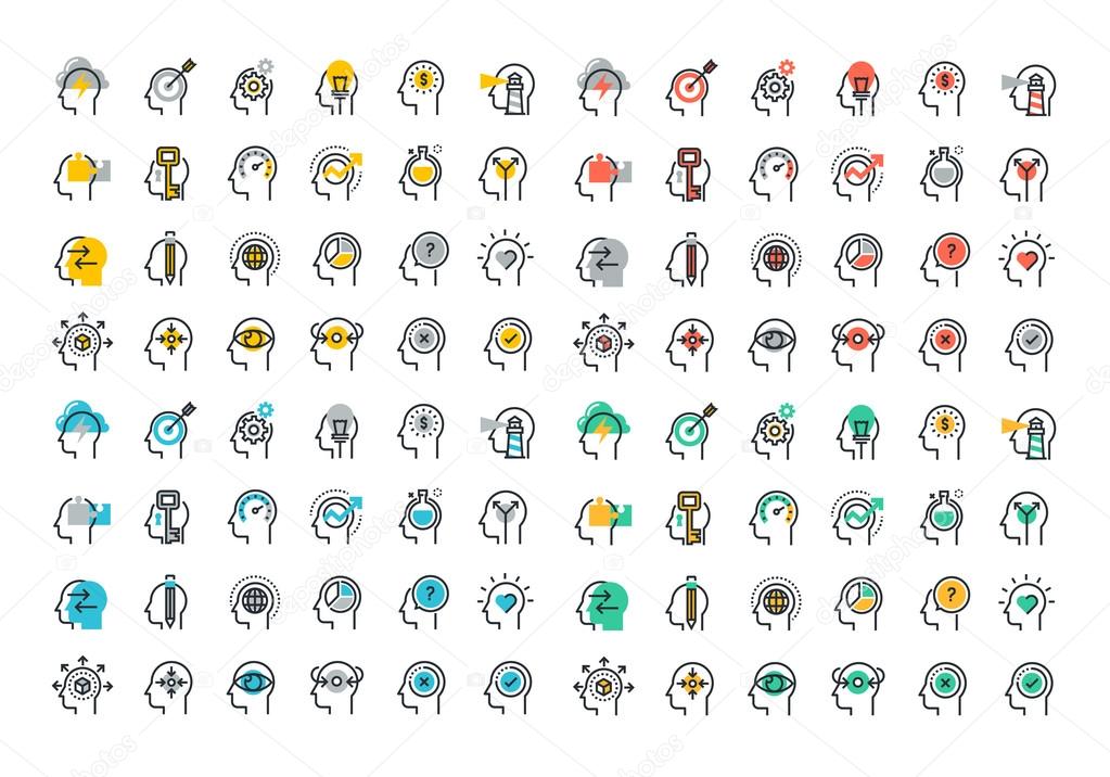 Flat line colorful icons collection of human brain process, people thinking, emotions, mental health, creative process, business solution, character experience, strategy and development, opportunities