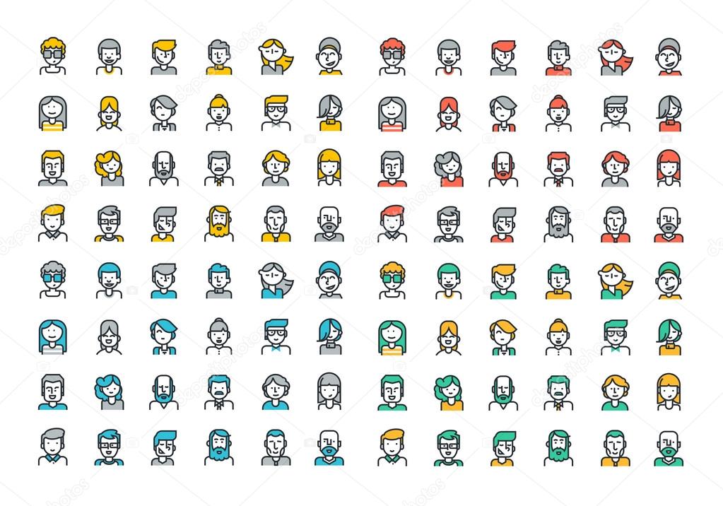 Flat line colorful icons collection of people avatars