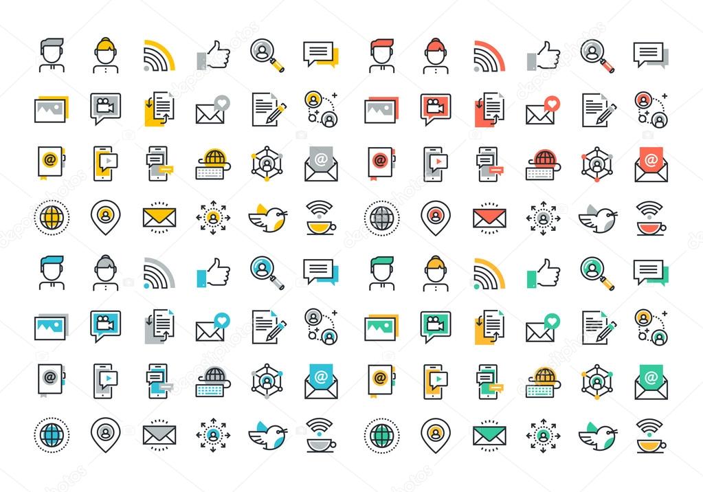 Flat line colorful icons collection of social network