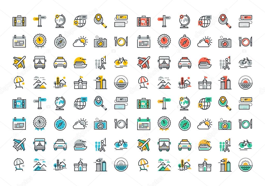 Flat line colorful icons collection of travel and tourism