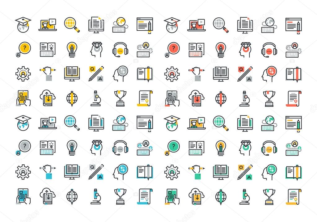 Flat line colorful icons collection of e-learni