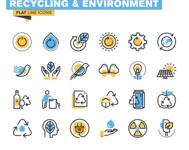 Tema, atık yönetimi, yeşil enerji ve teknoloji, biyolojik olarak parçalanabilen malzemeler, ortamı geri dönüşüm düz çizgi Icons set