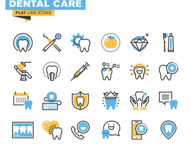 Diş Bakımı Tema, diş Hizmetleri, ekipman ve ürünler, diş tedavi ve protez düz çizgi Icons set