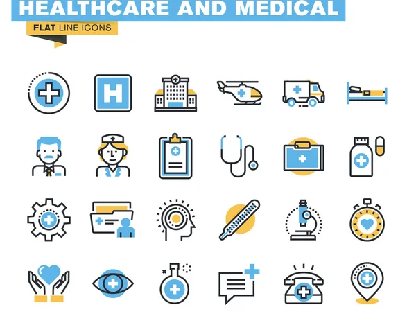 Conjunto de iconos de línea plana de cuidado de la salud y medicina tema, servicios médicos, diagnóstico y tratamiento, laboratorio, clínica e instalaciones hospitalarias — Vector de stock