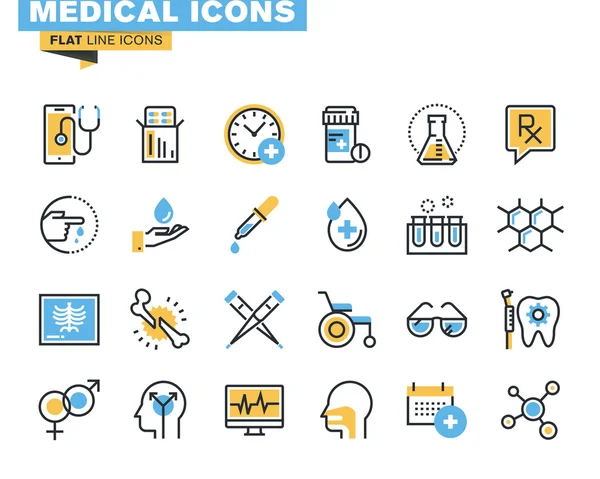 Ícones de linha plana conjunto de suprimentos médicos, diagnóstico e tratamento de saúde, testes laboratoriais, medicamentos e equipamentos —  Vetores de Stock