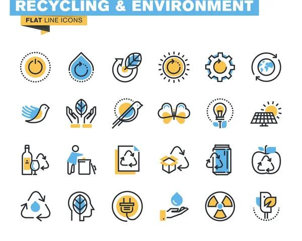 Icônes plates ensemble de thème de recyclage, gestion des déchets, énergie verte et technologie, matériaux biodégradables, environnement — Image vectorielle