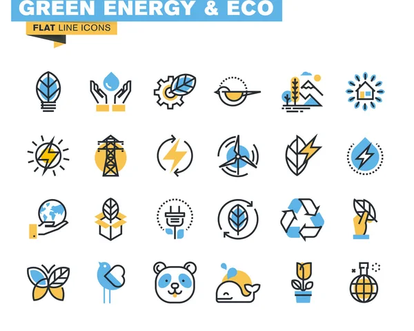Flat line icons set of green technology, ecology, renewable energy, environment, natural life, nature protection — Stock Vector