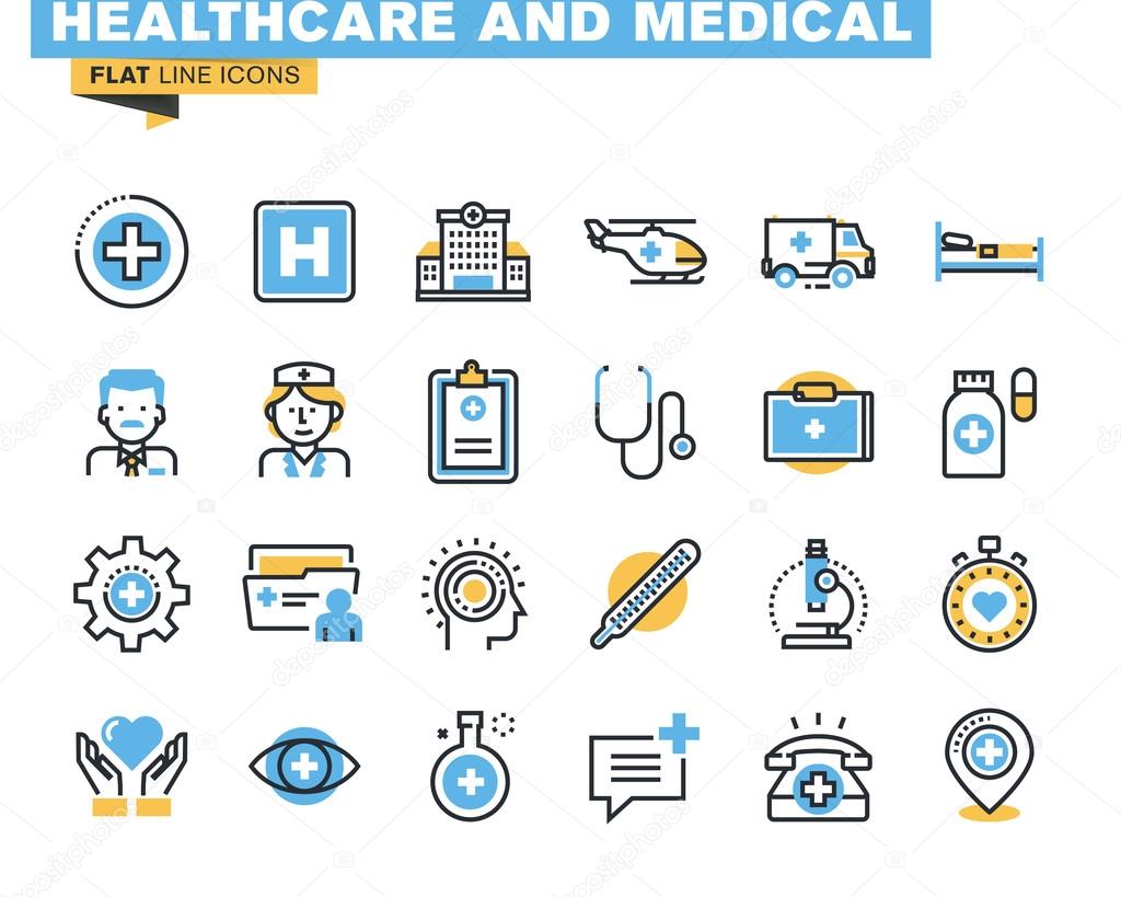 Flat line icons set of health care and medicine theme, medical services, diagnosis and treatment, laboratory, clinic and hospital facilities