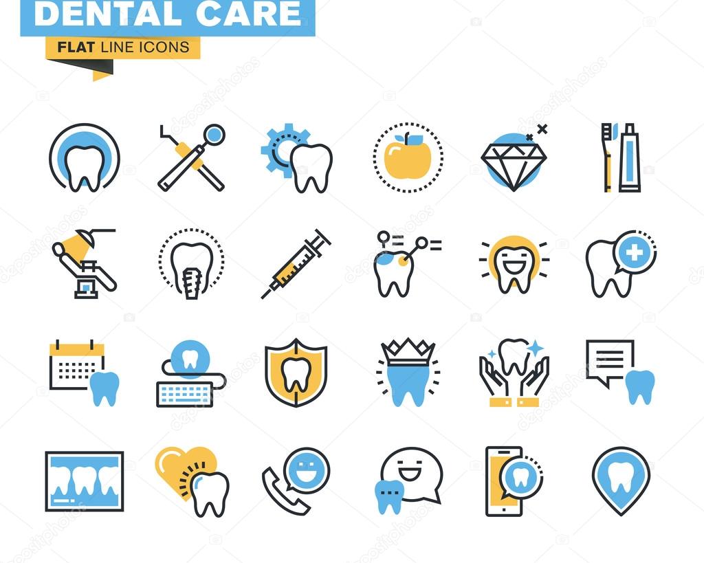 Flat line icons set of dental care theme, dental services, equipment and products, dental treatment and prosthetics