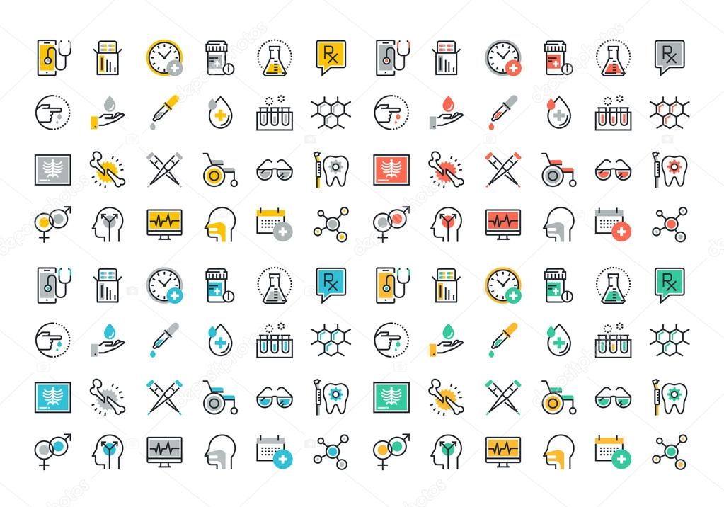 Flat line colorful icons collection of medicine theme, healthcare diagnosis and treatment, laboratory tests, medical supplies, medicines and equipment, biochemical and microbiological analysis