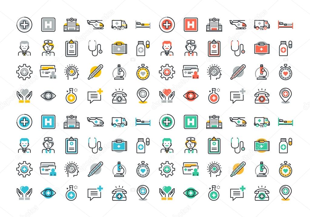 Flat line colorful icons set of healthcare and medicine