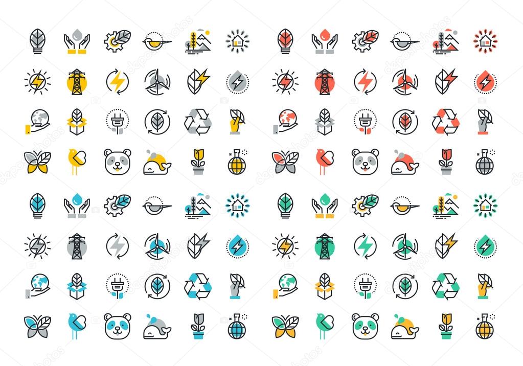 Flat line colorful icons collection of renewable energy
