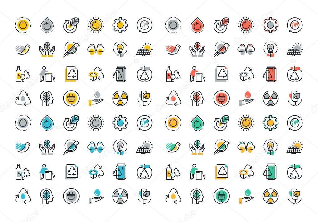 Flat line colorful icons collection of recycling, waste management , green energy, biodegradable materials, environmental protection, raising awareness of nature protection