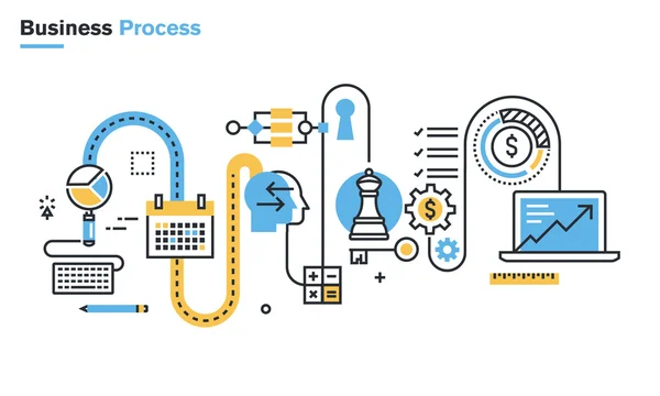 Ilustración de línea plana de proceso de negocio, investigación de mercado, análisis, planificación, gestión empresarial, estrategia, finanzas e inversión, éxito empresarial . — Archivo Imágenes Vectoriales