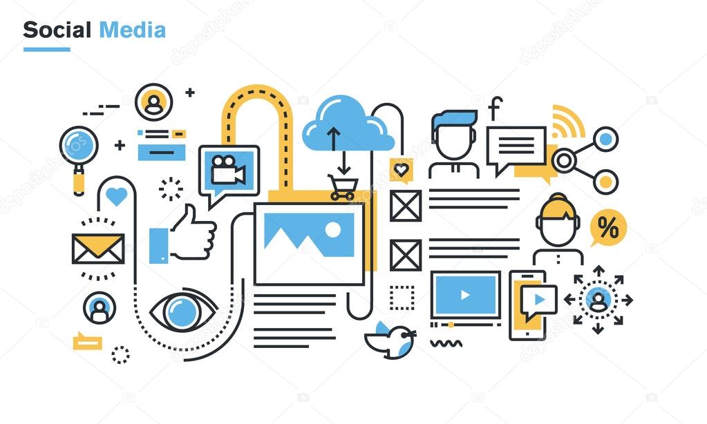 Flat line illustration of social media, social networking, video and photo sharing, communication, blogging, lifecasting, social commerce.