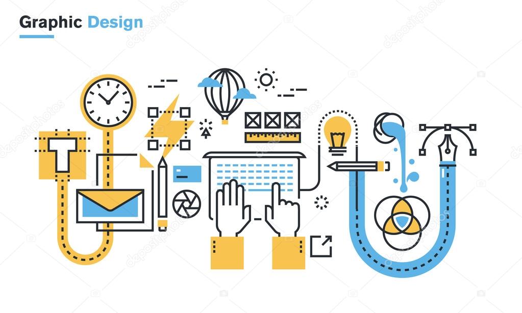 Flat line illustration of graphic design process, creative workflow, stationary design, logo design, branding, packaging design, corporate identity.