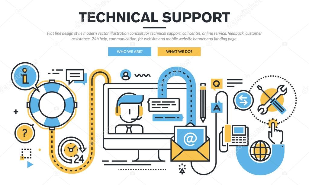 Flat line design vector illustration concept for technical support