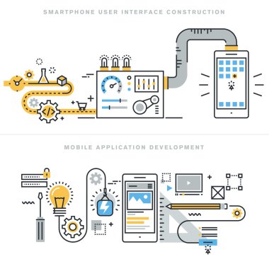 Mobil Web sitesi tasarımı ve geliştirme, mobil uygulama geliştirme, duyarlı tasarım, programlama, seo, Web sitesi Banner için smartphone kullanıcı arabirimi inşaat için düz çizgi kavramlar.