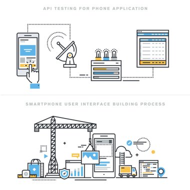 Düz çizgi tasarım vektör illüstrasyon kavramlar yazılım API prototip için ve smartphone için test, uygulama geliştirmek API arayüzü, oluşturma işlemi, Web sitesi banner için smartphone arabirimi ile.