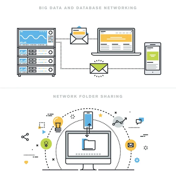 Flat Line Design Vektor Illustration Konzepte für Big Data und Datenbankvernetzung, Netzwerk-Ordnerfreigabe, Datenbankanalyse, Datenbankserver, Computernetzwerktechnologie, für Website-Banner. — Stockvektor