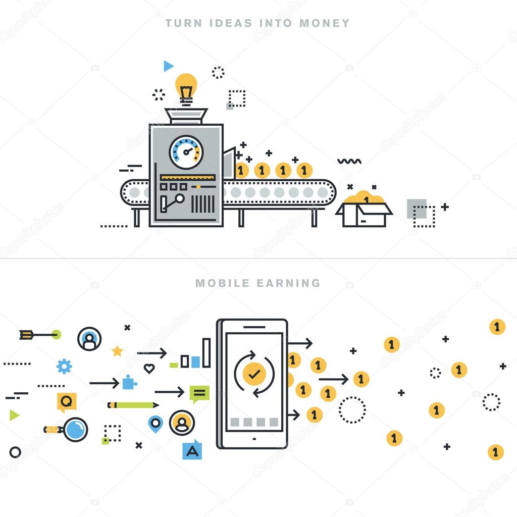 Flat line design vector illustration concepts for earning money online, mobile earning, business ideas, turning ideas into money, business consulting, mobile commerce, for website banner.