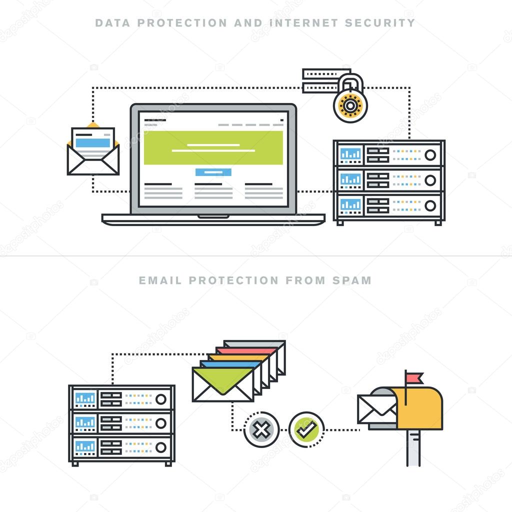 Flat line design vector illustration concepts for data protection and internet security, online safety, email protection from spam, email security software, for website banner and landing page.