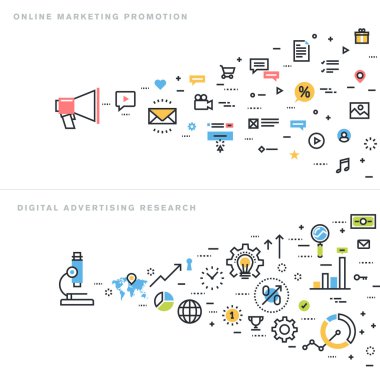 Düz çizgi tasarım vektör illüstrasyon kavramlar online pazarlama promosyon, dijital reklam araştırma, Pazar araştırması, internet pazarlama, e-ticaret için.