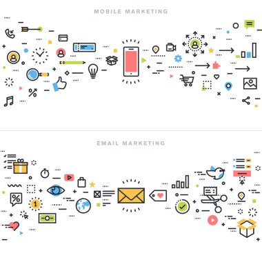 Düz çizgi tasarım kavramları için mobil pazarlama, pazarlama, online reklam, ürün ve hizmetleri tanıtım, pazarlama çözümleri ve uygulama geliştirme e-posta.