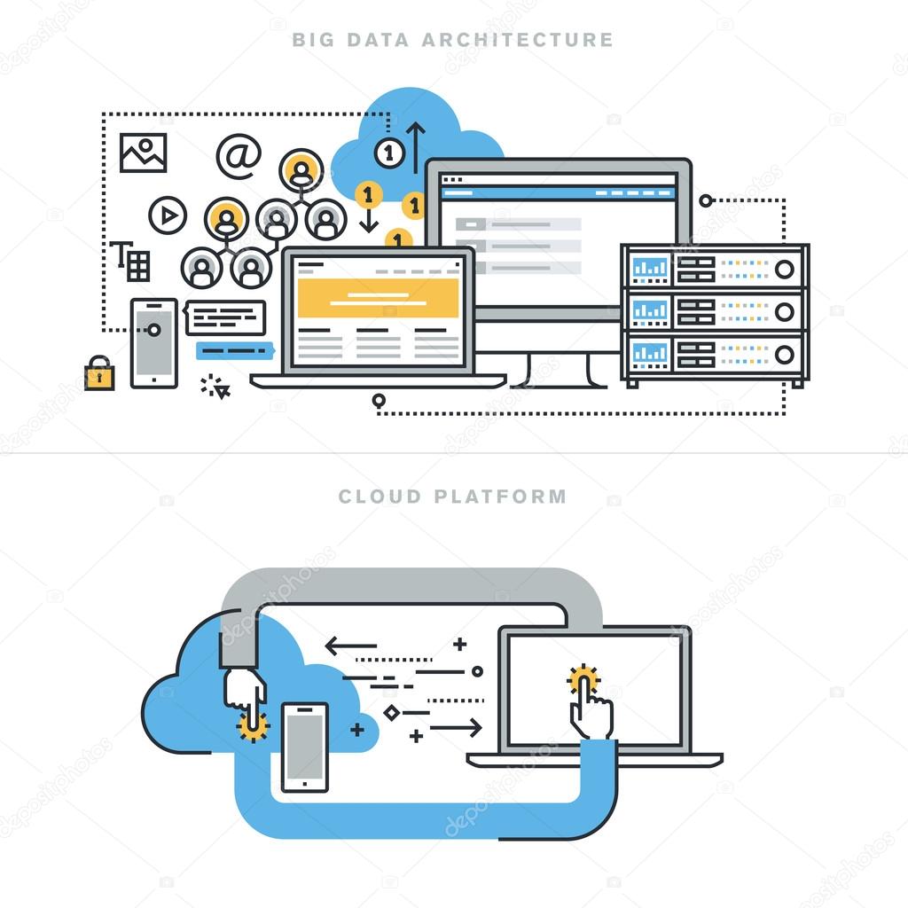 Flat line design concepts for big data architecture, big data technology, database analytics, mobile cloud computing, cloud platform and solutions.