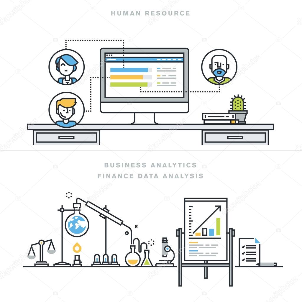 Flat line design vector illustration concepts for human resources, people management, professional skills, business analytics, finance data analysis.