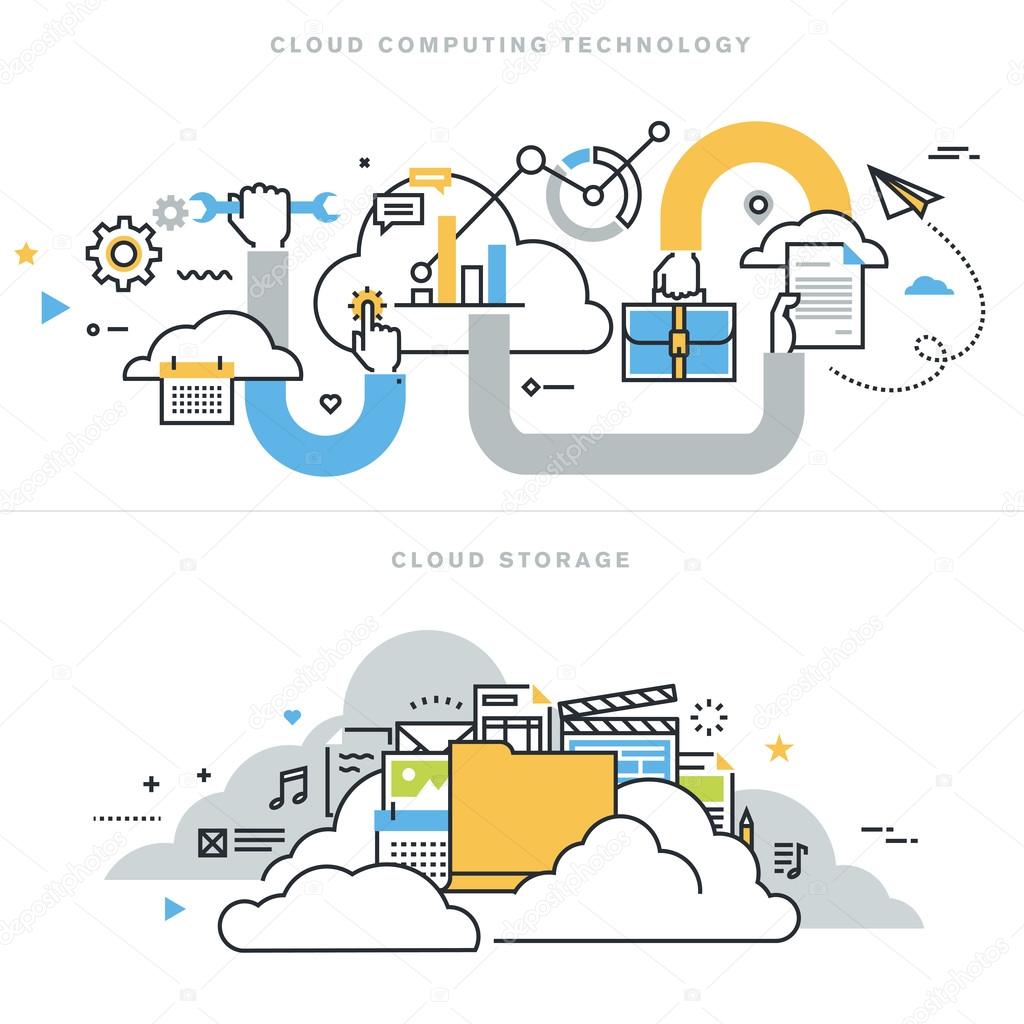 Flat line design vector illustration concepts for cloud computing technology, cloud storage, cloud solutions, security and availability.