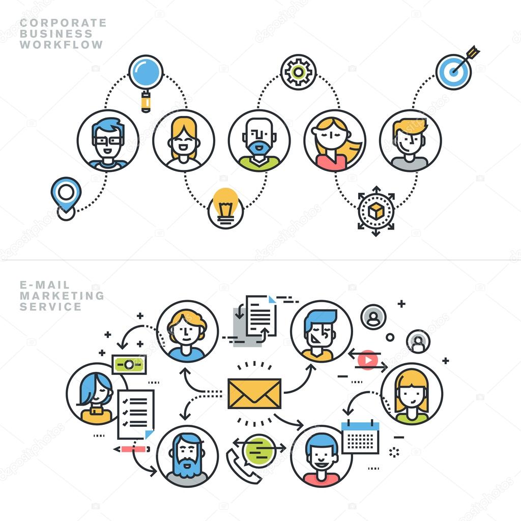 Flat line design concepts for corporate business workflow, company profile, teamwork, email marketing service, newsletter, customer relationship management.