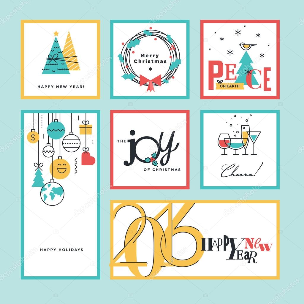 Set of flat line design Christmas and New Year greeting cards and banners.