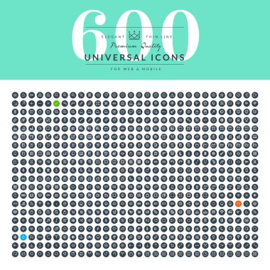 İş ve finans, ofis, iletişim, teknoloji, internet, sosyal medya, hava, doğa, gezinti, yiyecek ve içecek için ince çizgi web simgeler kümesi. Web sitesi ve smartphone için simgeler.