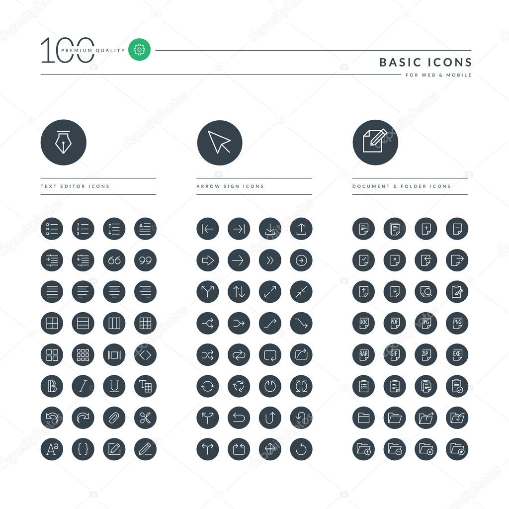 Set of thin line basic web icons for office, arrow sign, document and folder, text editor. Icons for website, mobile website and app design.