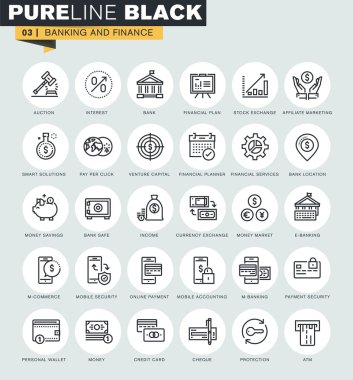 Bankacılık ve Finans ince çizgi web simgeler kümesi