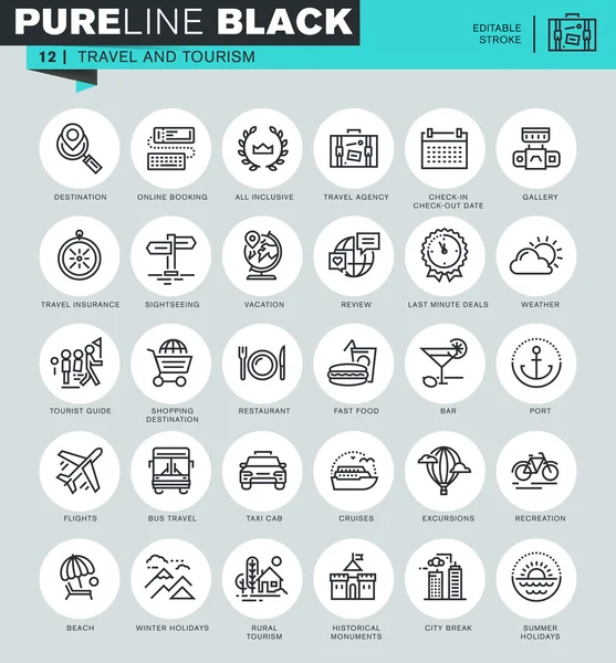 Dünne Linie Symbole Satz von Reisen und Tourismus, für Reisebüros, Urlaubsangebote, Informationen über Reiseziele, Transportarten. Symbole für Website und mobile Website und Apps mit editierbarem Strich. — Stockvektor