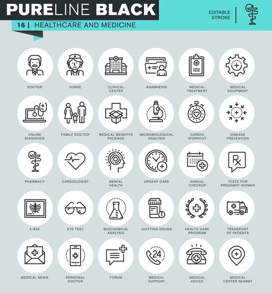 Thin line icons set of healthcare and medicine, hospital services, laboratory analyzes. Icons for website and mobile website and apps with editable stroke. — Stock Vector