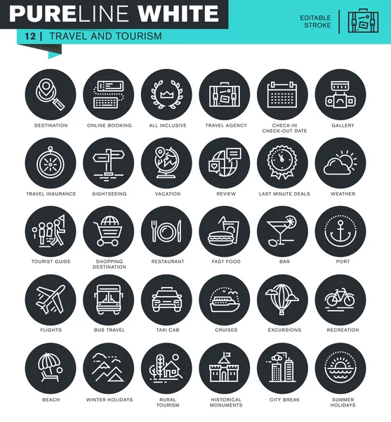 Ensemble d'icônes de ligne mince pour le voyage et le tourisme. Icônes pour site Web et site Web mobile et applications avec course modifiable . — Image vectorielle