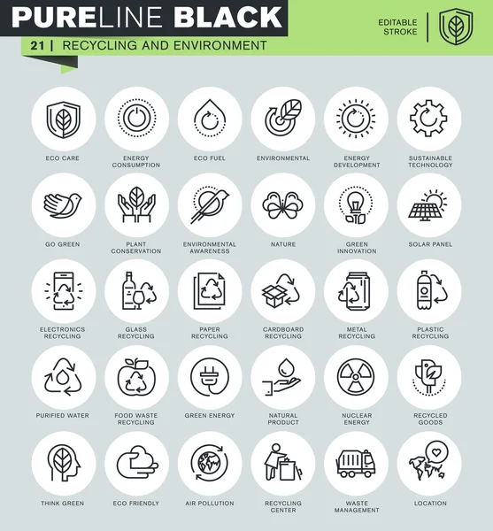 Icônes de ligne mince ensemble de recyclage, gestion des déchets, protection de l'environnement, éco-soins. Icônes pour site Web et site Web mobile et applications avec course modifiable . — Image vectorielle