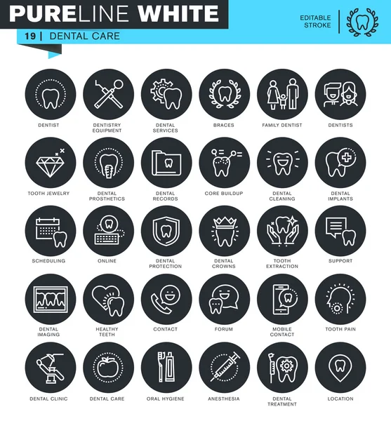 Ensemble d'icônes de ligne mince pour les soins dentaires. Icônes pour site Web et site Web mobile et applications avec course modifiable . — Image vectorielle